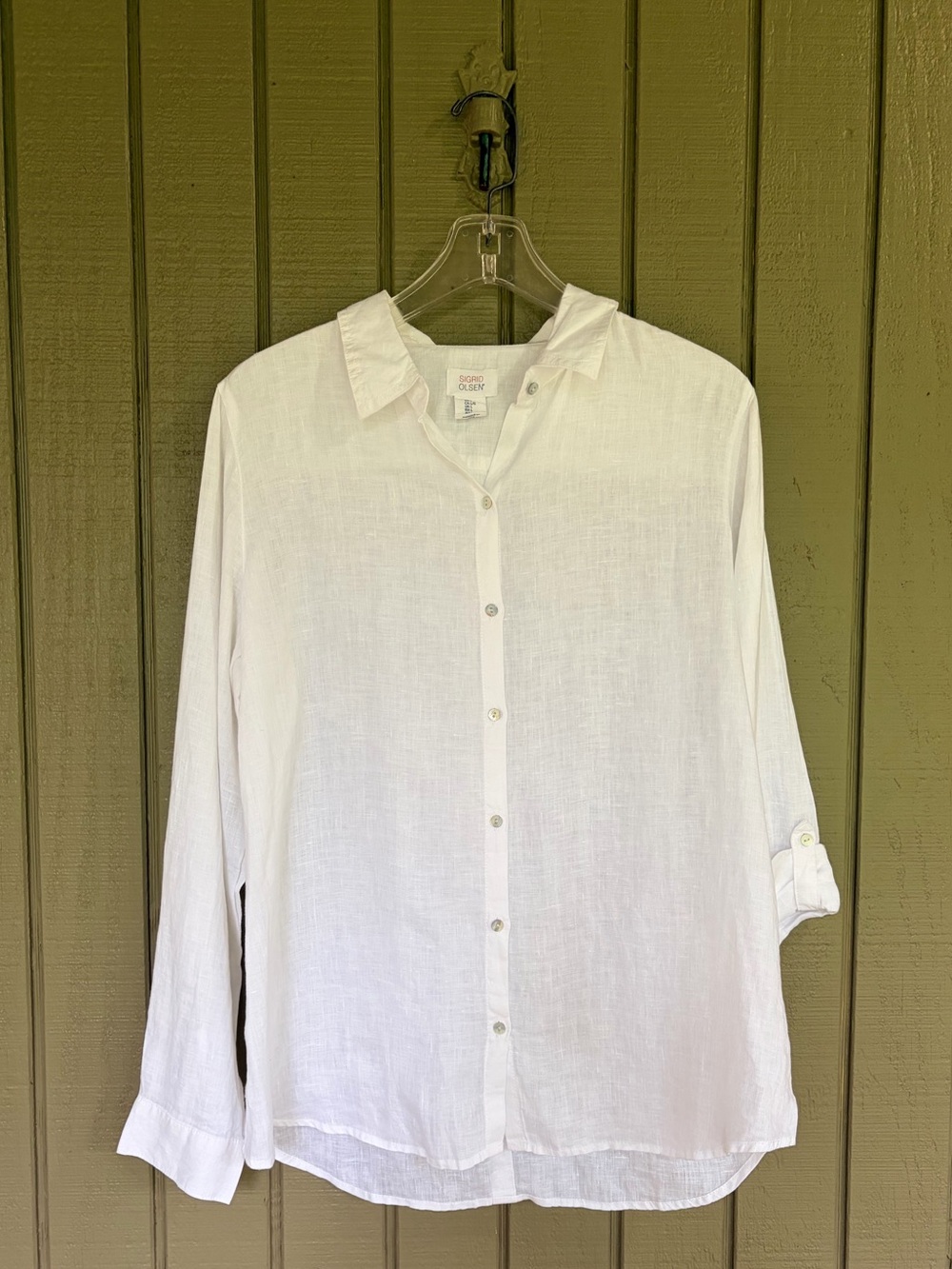 Sigrid Olsen 100% Linen White Button Down Back Detail Shirt Large